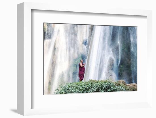 Myanmar, Mandalay Division, Pyin Oo Lwin. Burmese Monk Praying under Dattawgyaik Waterfall (Mr)-Matteo Colombo-Framed Photographic Print