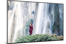 Myanmar, Mandalay Division, Pyin Oo Lwin. Burmese Monk Praying under Dattawgyaik Waterfall (Mr)-Matteo Colombo-Mounted Photographic Print