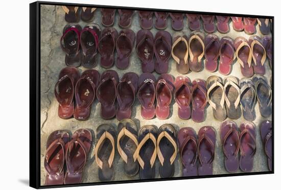 Myanmar. Mandalay. Maha Aung Myae Bone San Monastery. Lines of Shoes-Inger Hogstrom-Framed Stretched Canvas