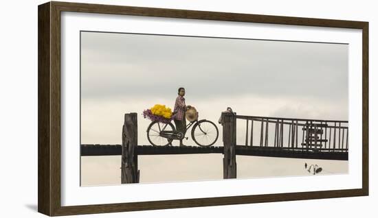 Myanmar, Mandalay. Woman Walks Her Flower-Laden Bicycle across U Bein Bridge-Brenda Tharp-Framed Photographic Print