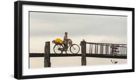 Myanmar, Mandalay. Woman Walks Her Flower-Laden Bicycle across U Bein Bridge-Brenda Tharp-Framed Photographic Print