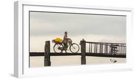 Myanmar, Mandalay. Woman Walks Her Flower-Laden Bicycle across U Bein Bridge-Brenda Tharp-Framed Photographic Print