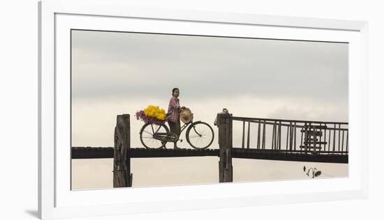 Myanmar, Mandalay. Woman Walks Her Flower-Laden Bicycle across U Bein Bridge-Brenda Tharp-Framed Photographic Print