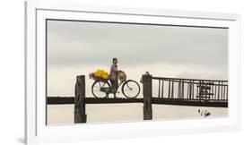 Myanmar, Mandalay. Woman Walks Her Flower-Laden Bicycle across U Bein Bridge-Brenda Tharp-Framed Photographic Print