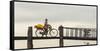 Myanmar, Mandalay. Woman Walks Her Flower-Laden Bicycle across U Bein Bridge-Brenda Tharp-Framed Stretched Canvas