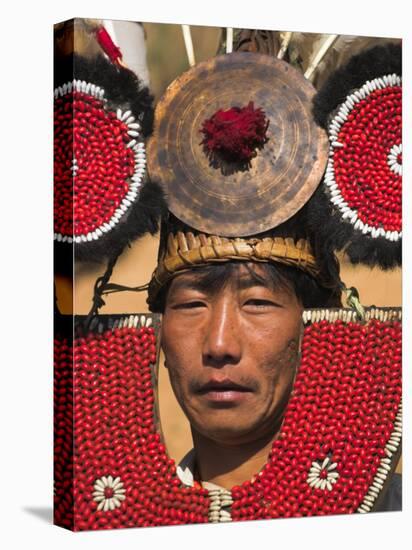 Myanmar, Naga New Year Festival, Naga Man, Taungkul Tribe Wearing Traditional Headdress-Jane Sweeney-Stretched Canvas