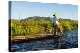 Myanmar. Shan State. Inle Lake. Intha Fisherman Rowing with His Foot-Inger Hogstrom-Stretched Canvas