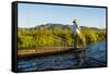 Myanmar. Shan State. Inle Lake. Intha Fisherman Rowing with His Foot-Inger Hogstrom-Framed Stretched Canvas