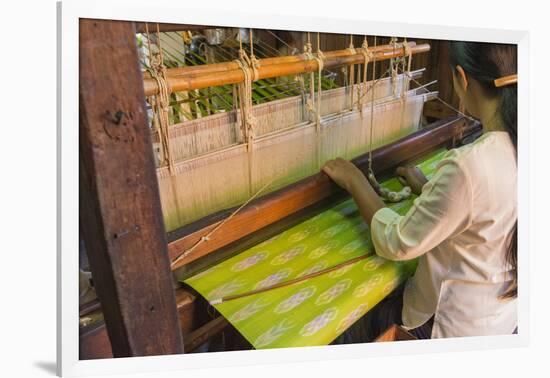 Myanmar. Shan State. Inle Lake. Woman weaving silk at a wooden loom.-Inger Hogstrom-Framed Photographic Print