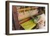 Myanmar. Shan State. Inle Lake. Woman weaving silk at a wooden loom.-Inger Hogstrom-Framed Photographic Print