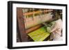 Myanmar. Shan State. Inle Lake. Woman weaving silk at a wooden loom.-Inger Hogstrom-Framed Photographic Print