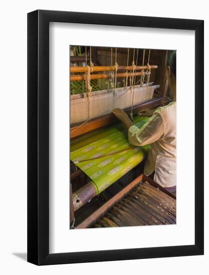 Myanmar. Shan State. Inle Lake. Woman weaving silk at a wooden loom.-Inger Hogstrom-Framed Photographic Print