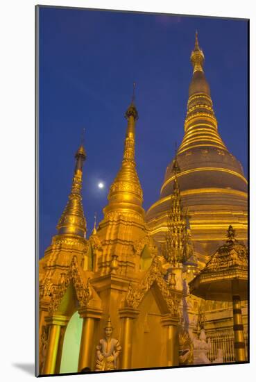 Myanmar, Yangon. Golden Stupa and Temples of Shwedagon Pagoda at Night with Moon-Brenda Tharp-Mounted Photographic Print