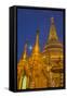 Myanmar, Yangon. Golden Stupa and Temples of Shwedagon Pagoda at Night with Moon-Brenda Tharp-Framed Stretched Canvas