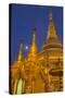 Myanmar, Yangon. Golden Stupa and Temples of Shwedagon Pagoda at Night with Moon-Brenda Tharp-Stretched Canvas