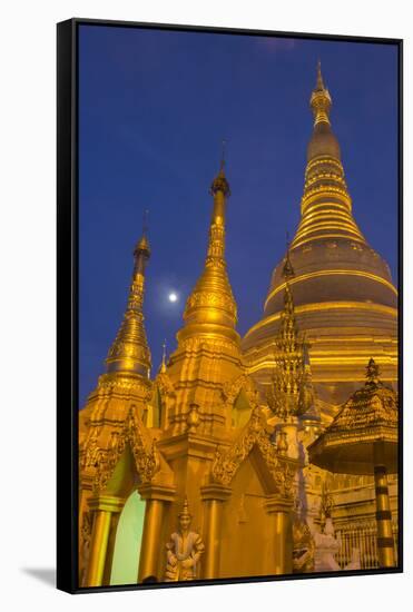 Myanmar, Yangon. Golden Stupa and Temples of Shwedagon Pagoda at Night with Moon-Brenda Tharp-Framed Stretched Canvas