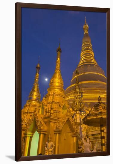 Myanmar, Yangon. Golden Stupa and Temples of Shwedagon Pagoda at Night with Moon-Brenda Tharp-Framed Photographic Print