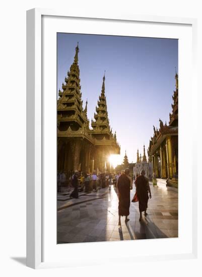 Myanmar, Yangon. Two Buddhist Monks Walking Inside Shwedagon Pagoda Complex at Sunset (Mr)-Matteo Colombo-Framed Photographic Print