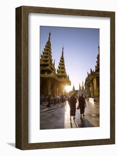 Myanmar, Yangon. Two Buddhist Monks Walking Inside Shwedagon Pagoda Complex at Sunset (Mr)-Matteo Colombo-Framed Photographic Print