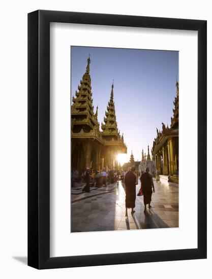 Myanmar, Yangon. Two Buddhist Monks Walking Inside Shwedagon Pagoda Complex at Sunset (Mr)-Matteo Colombo-Framed Photographic Print