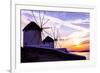 Mykonos, Greece. Sunset over Two Windmills on the Aegean Sea-Jolly Sienda-Framed Photographic Print