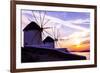 Mykonos, Greece. Sunset over Two Windmills on the Aegean Sea-Jolly Sienda-Framed Photographic Print