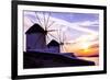 Mykonos, Greece. Sunset over Two Windmills on the Aegean Sea-Jolly Sienda-Framed Photographic Print