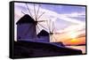 Mykonos, Greece. Sunset over Two Windmills on the Aegean Sea-Jolly Sienda-Framed Stretched Canvas