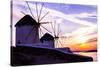 Mykonos, Greece. Sunset over Two Windmills on the Aegean Sea-Jolly Sienda-Stretched Canvas