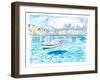 Mykonos with Floating Sailing Boat On Turqoise Aegean Waters-M. Bleichner-Framed Art Print