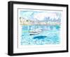 Mykonos with Floating Sailing Boat On Turqoise Aegean Waters-M. Bleichner-Framed Art Print