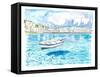 Mykonos with Floating Sailing Boat On Turqoise Aegean Waters-M. Bleichner-Framed Stretched Canvas