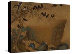Mynah Birds Gathering in a Tree by a Stream. from an Album of Bird Paintings-Gao Qipei-Stretched Canvas
