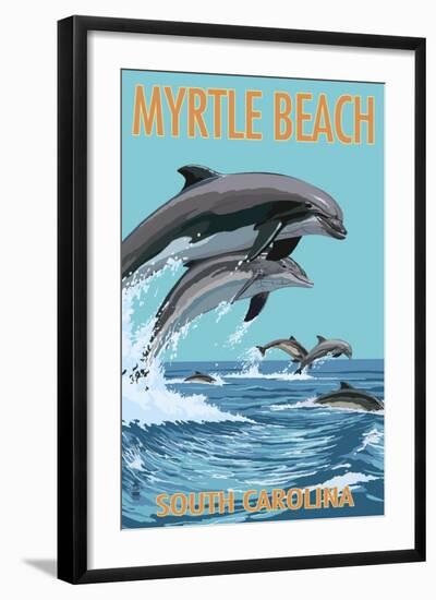 Myrtle Beach, South Carolina - Dolphins Swimming-Lantern Press-Framed Art Print