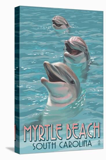 Myrtle Beach, South Carolina - Dolphins-Lantern Press-Stretched Canvas