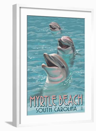 Myrtle Beach, South Carolina - Dolphins-Lantern Press-Framed Art Print