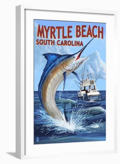 Myrtle Beach, South Carolina - Marlin Fishing Scene-Lantern Press-Framed Art Print