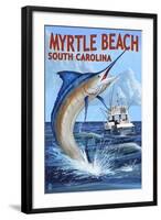 Myrtle Beach, South Carolina - Marlin Fishing Scene-Lantern Press-Framed Art Print