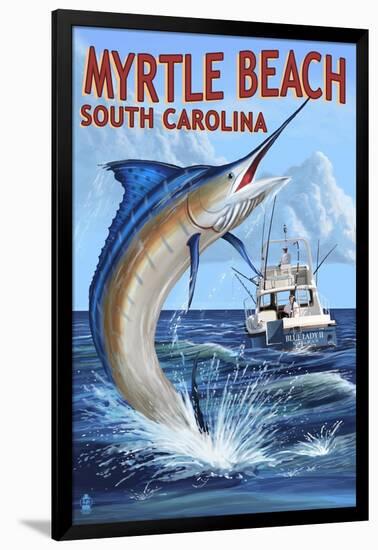 Myrtle Beach, South Carolina - Marlin Fishing Scene-Lantern Press-Framed Art Print