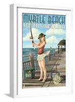 Myrtle Beach, South Carolina - Pinup Girl Fishing-Lantern Press-Framed Art Print