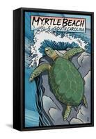 Myrtle Beach, South Carolina - Sea Turtles Woodblock Print-Lantern Press-Framed Stretched Canvas