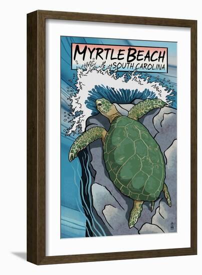 Myrtle Beach, South Carolina - Sea Turtles Woodblock Print-Lantern Press-Framed Art Print