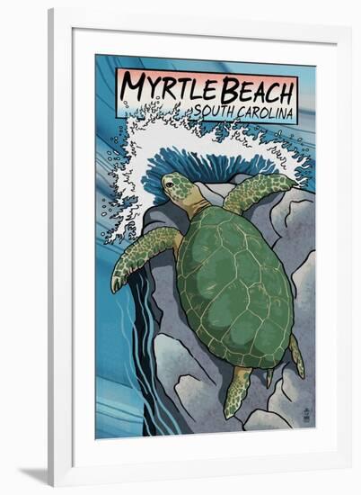 Myrtle Beach, South Carolina - Sea Turtles Woodblock Print-Lantern Press-Framed Art Print