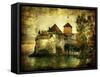 Mysterious Castle On The Lake - Artwork In Painting Style-Maugli-l-Framed Stretched Canvas