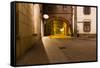 Mysterious Narrow Alley with Lanterns in Krakow at Night-dziewul-Framed Stretched Canvas