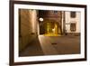 Mysterious Narrow Alley with Lanterns in Krakow at Night-dziewul-Framed Photographic Print