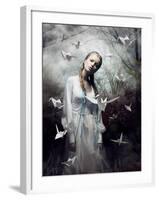 Mystery. Origami. Woman with White Paper Pigeon. Fairy Tale. Fantasy-Iryna Hramavataya-Framed Photographic Print