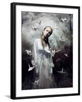 Mystery. Origami. Woman with White Paper Pigeon. Fairy Tale. Fantasy-Iryna Hramavataya-Framed Photographic Print