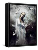 Mystery. Origami. Woman with White Paper Pigeon. Fairy Tale. Fantasy-Iryna Hramavataya-Framed Stretched Canvas