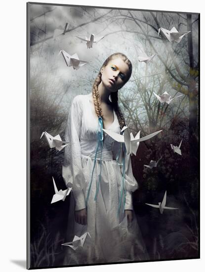 Mystery. Origami. Woman with White Paper Pigeon. Fairy Tale. Fantasy-Iryna Hramavataya-Mounted Photographic Print